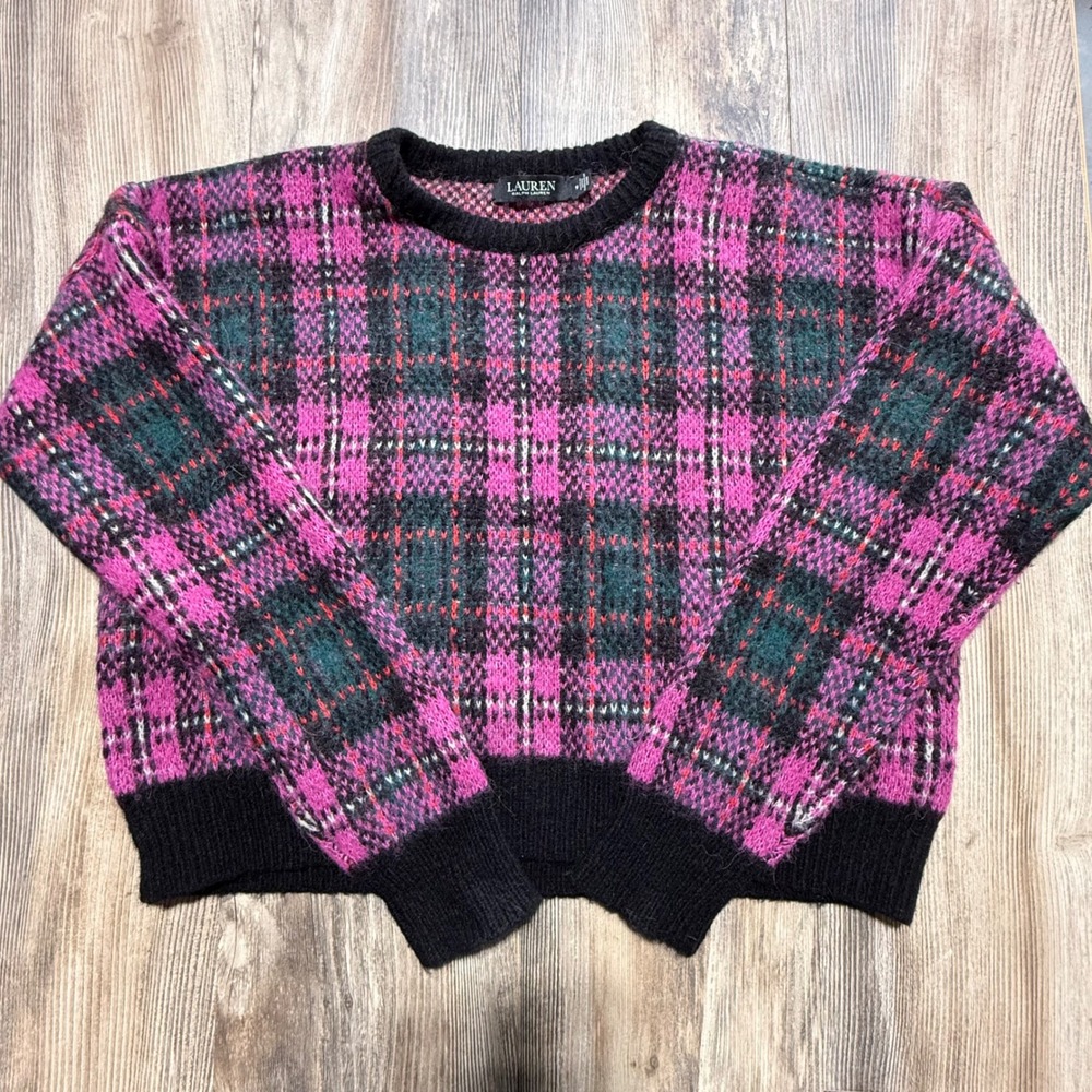 Dark Academia Lauren Ralph Lauren Plaid Sweater Pink Black Alpaca Wool Blend M